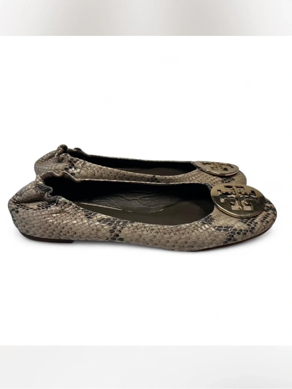 Tory Burch Reva Snakeskin-Embossed Ballet Flats, gold tone double-T medallion8.5